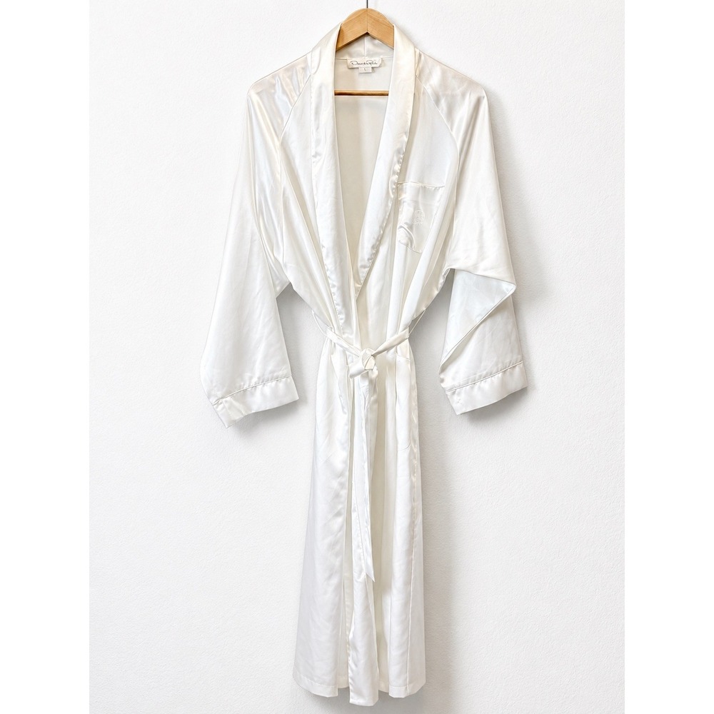 Oscar de la Renta Satin Robe Womens L Ivory Long Wrap 3 Pocket Lounge Sleepwear
